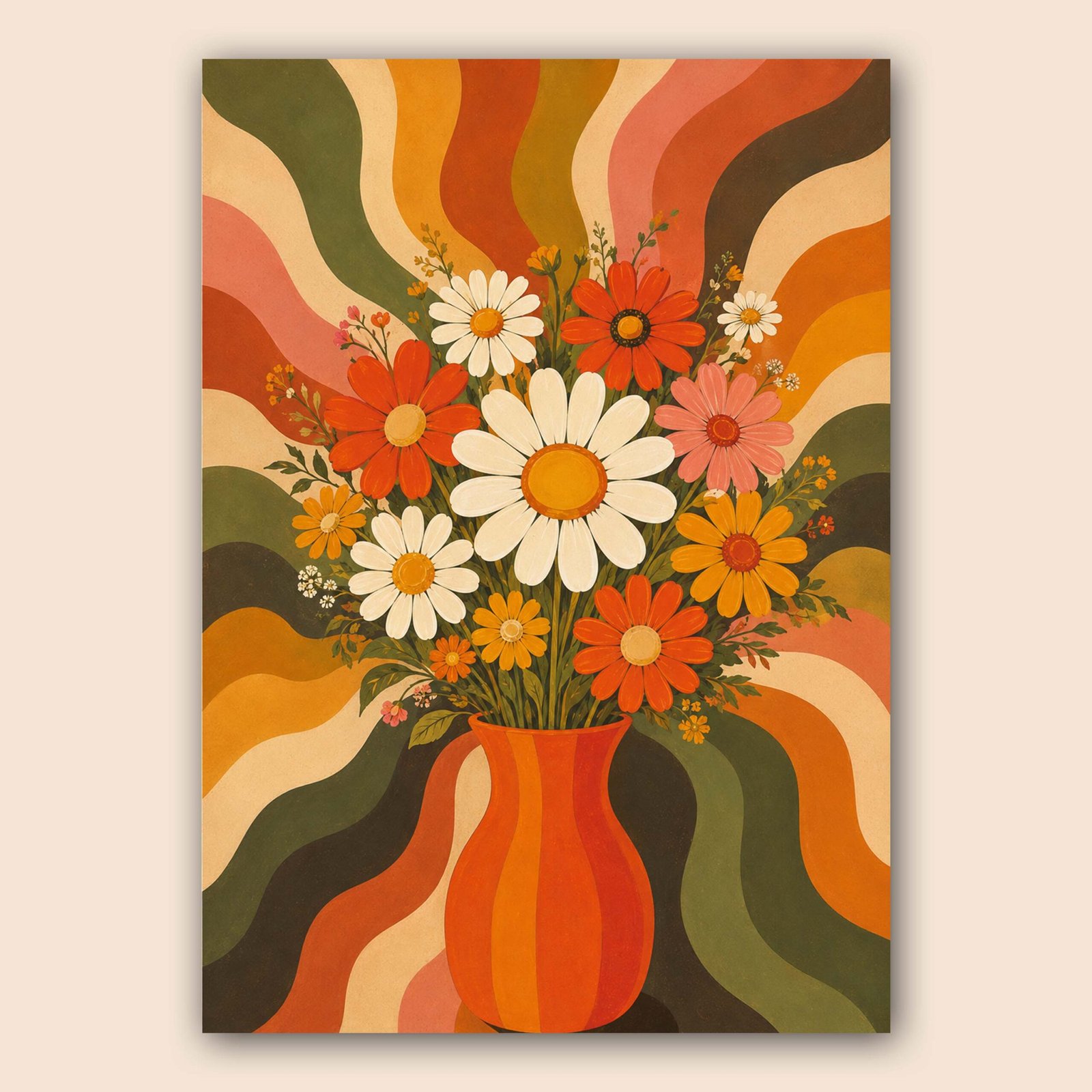 Affiche florale vintage avec bouquet coloré et vase orange