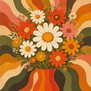 Affiche représentant Un bouquet de fleurs au charme rétro, porté par des courbes ondulées et des teintes chaudes qui attirent le regard sans en faire trop. L’ensemble crée une décoration vivante, douce et pleine de personnalité