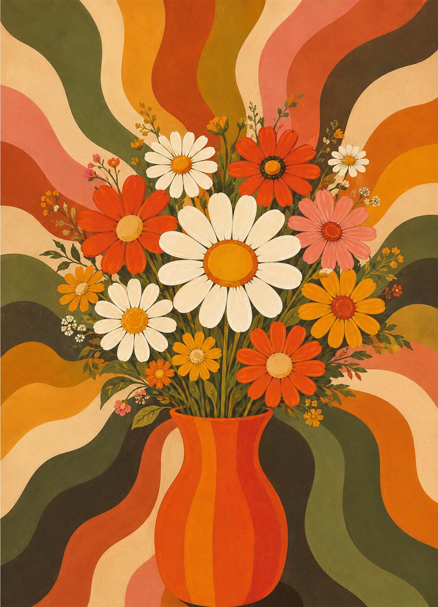 Affiche représentant Un bouquet de fleurs au charme rétro, porté par des courbes ondulées et des teintes chaudes qui attirent le regard sans en faire trop. L’ensemble crée une décoration vivante, douce et pleine de personnalité