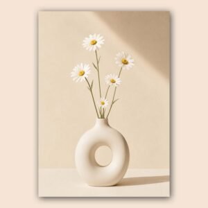 Vase minimaliste beige avec fleurs blanches sur fond doux