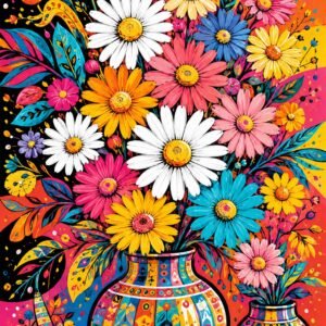 Affiche représentant Un bouquet de fleurs éclatantes prend vie dans deux vases décoratifs aux motifs riches et colorés. L’ensemble attire immédiatement le regard avec ses pétales généreux, ses contrastes francs et son style très vivant