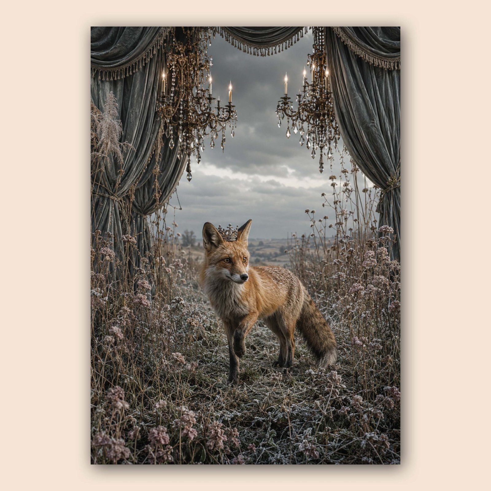 Renard couronné dans une scène élégante et poétique