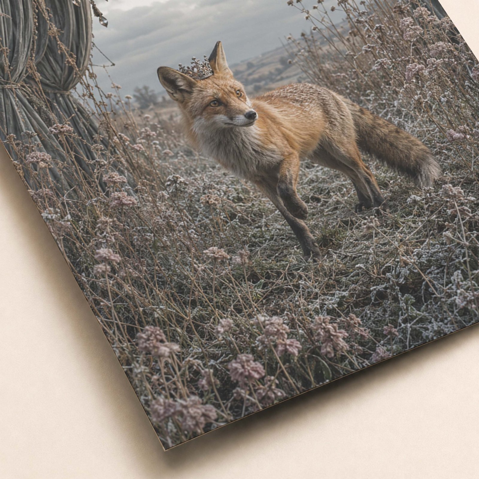 Détail du renard couronné et du décor sombre