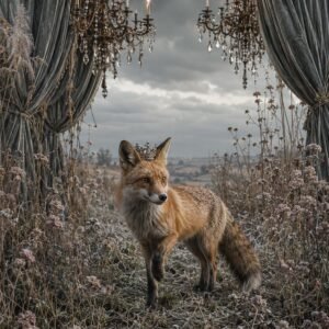 Affiche représentant un renard au port noble, placé au centre d’un décor presque théâtral. Les rideaux sombres, les chandeliers et le paysage brumeux créent une image forte, entre élégance ancienne et poésie sauvage