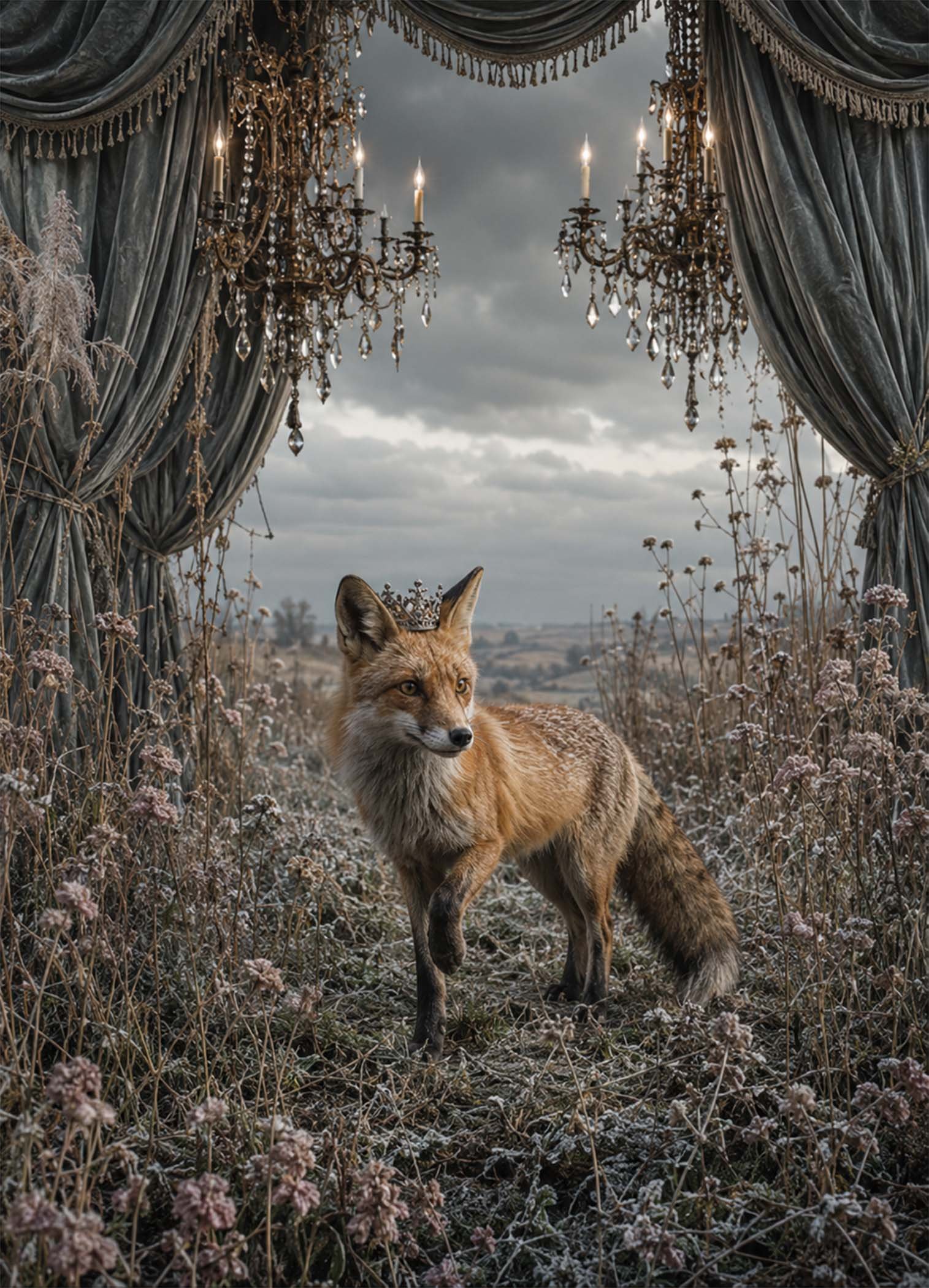 Affiche représentant un renard au port noble, placé au centre d’un décor presque théâtral. Les rideaux sombres, les chandeliers et le paysage brumeux créent une image forte, entre élégance ancienne et poésie sauvage
