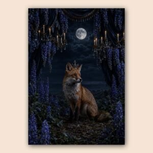 Renard sous la lune avec fleurs violettes et ambiance nocturne