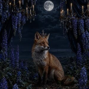 Affiche représentant Un renard couronne, assis sous une pleine lune, compose une scene nocturne pleine de mystere et de douceur. Les drapes sombres et les fleurs violettes encadrent l'image avec une vraie presence decoratrice