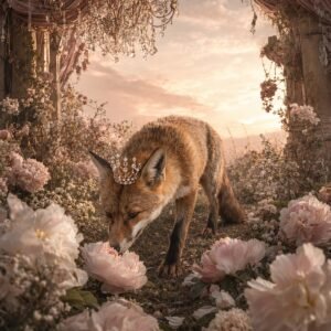 Affiche représentant Un renard délicat avance au milieu d’un jardin de fleurs, baigné par une lumière de fin de journée. La scène mêle nature sauvage et décor floral dans une atmosphère douce, presque féerique