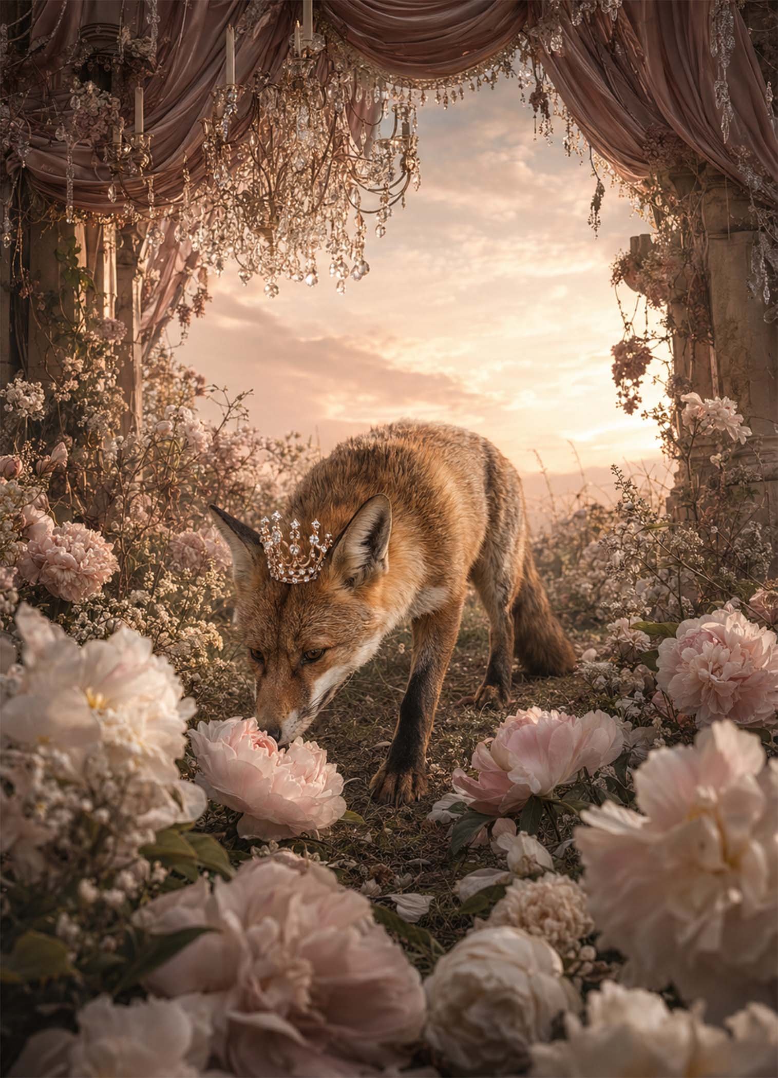 Affiche représentant Un renard délicat avance au milieu d’un jardin de fleurs, baigné par une lumière de fin de journée. La scène mêle nature sauvage et décor floral dans une atmosphère douce, presque féerique