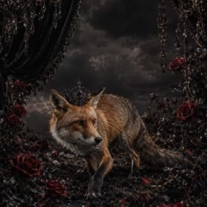 Affiche représentant un renard au cœur d’un décor sombre et raffiné, entre drapés noirs, roses profondes et ciel chargé. L’ensemble crée une atmosphère à la fois mystérieuse et élégante, idéale pour une décoration qui sort du cadre