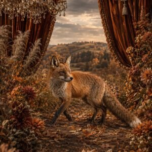 Affiche représentant un renard au cœur d’un décor d’automne riche et enveloppant. Les drapés sombres, les feuillages cuivrés et la lumière douce créent une composition élégante, presque cinématographique