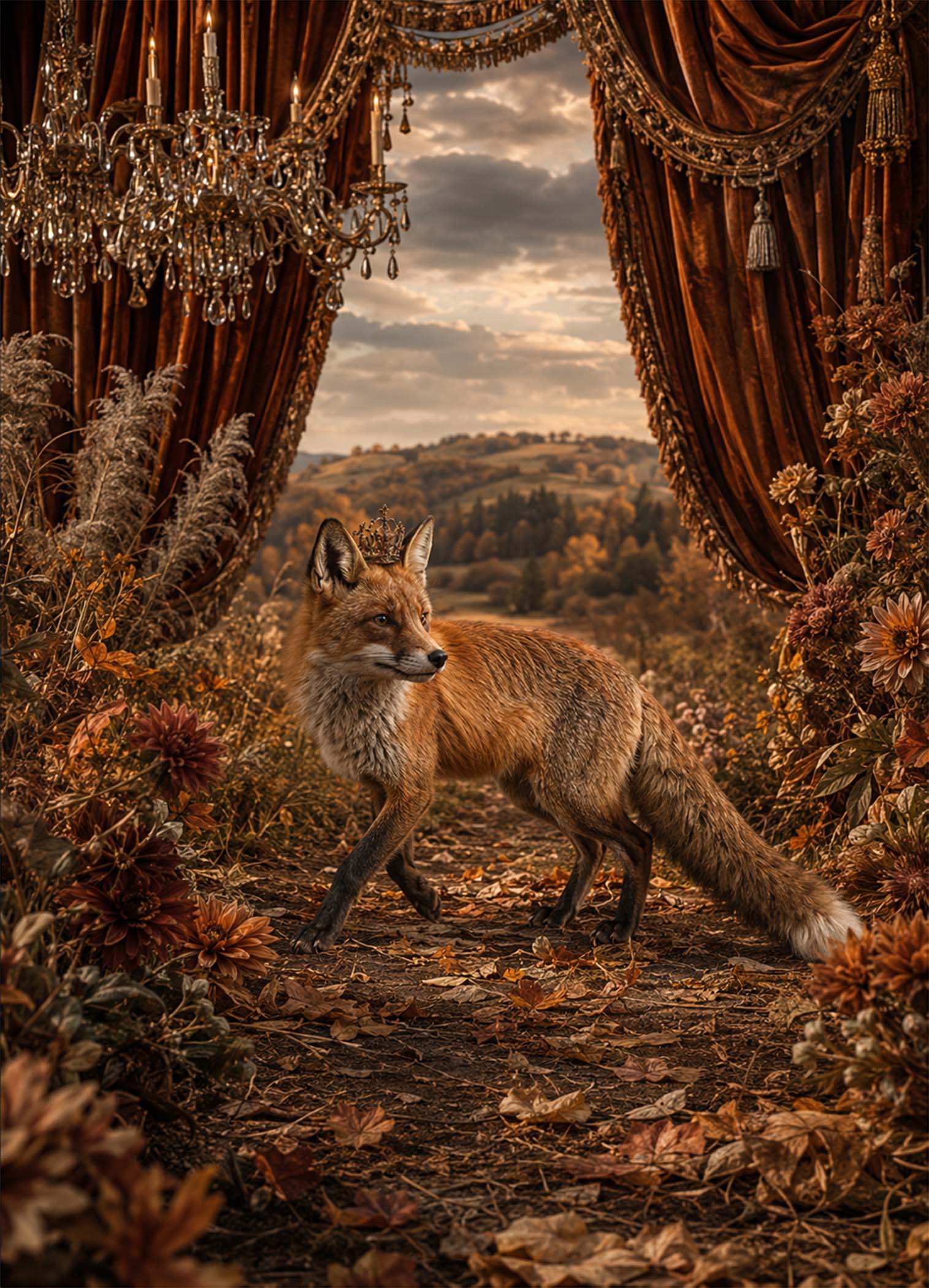 Affiche représentant un renard au cœur d’un décor d’automne riche et enveloppant. Les drapés sombres, les feuillages cuivrés et la lumière douce créent une composition élégante, presque cinématographique