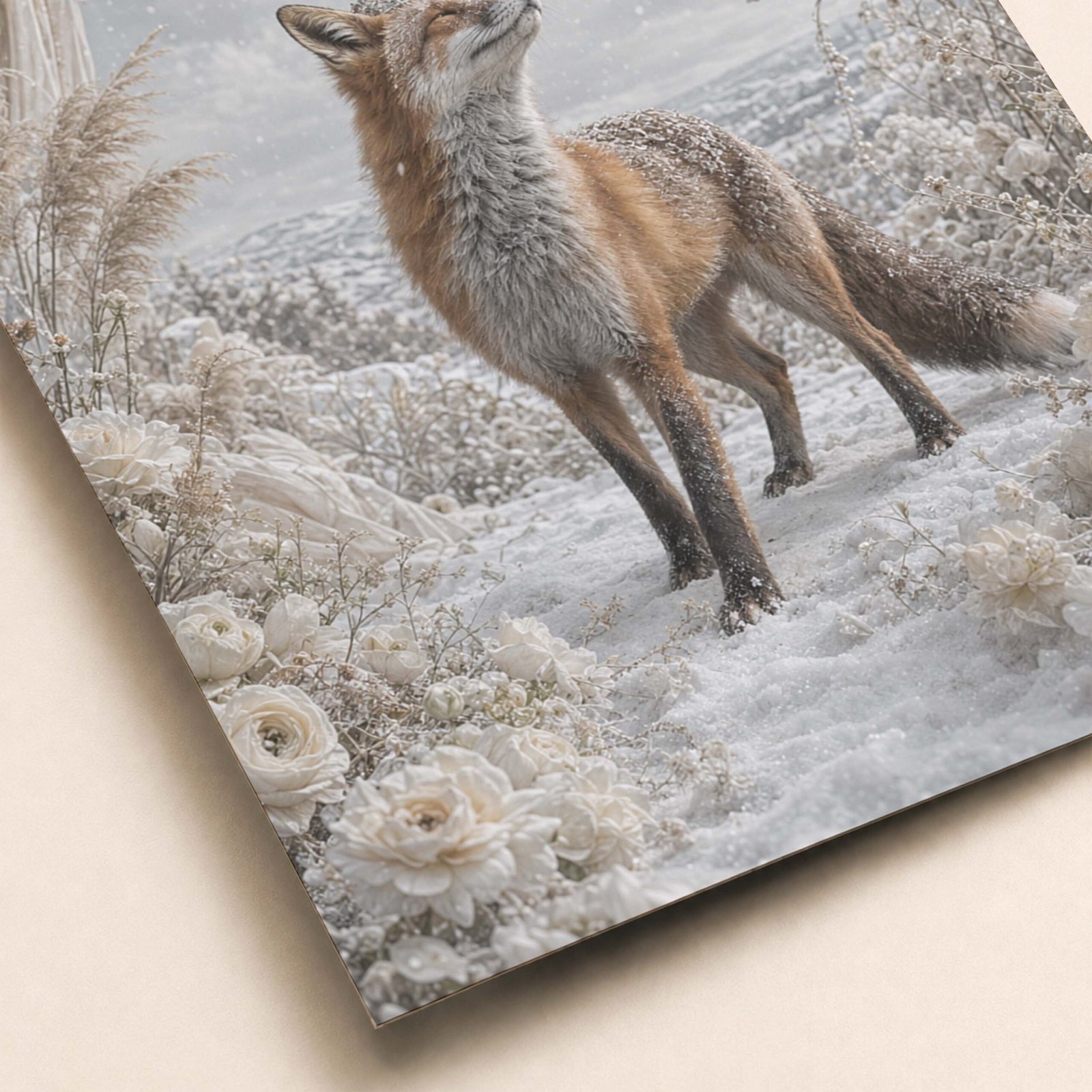 Détail du renard et des éléments décoratifs hivernaux