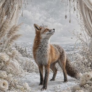 Affiche représentant un renard au cœur d’un décor hivernal délicat, entre neige légère, fleurs claires et rideaux élégants. L’ensemble crée une composition douce, presque onirique, qui attire le regard sans alourdir la pièce