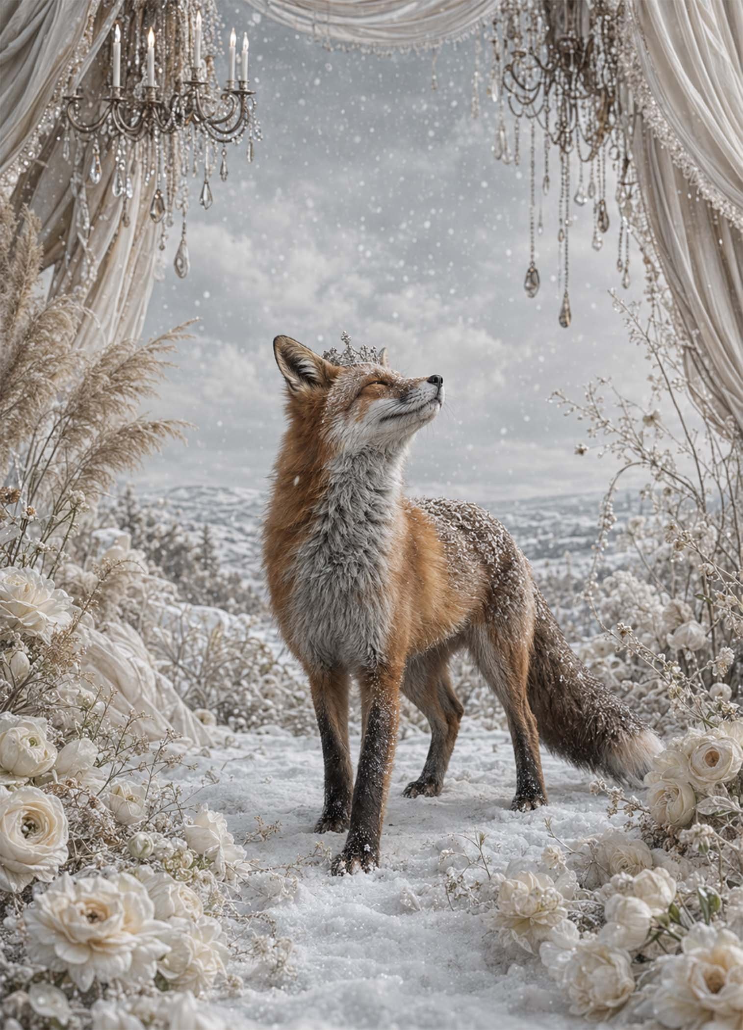 Affiche représentant un renard au cœur d’un décor hivernal délicat, entre neige légère, fleurs claires et rideaux élégants. L’ensemble crée une composition douce, presque onirique, qui attire le regard sans alourdir la pièce