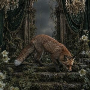 Affiche représentant un renard dans un décor forestier sombre et raffiné, presque comme une scène sortie d’un conte. Les drapés profonds, la pierre moussue et les fleurs délicates créent une composition riche, pleine de relief et de caractère