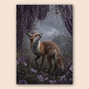 Affiche renard violet dans une ambiance florale sombre