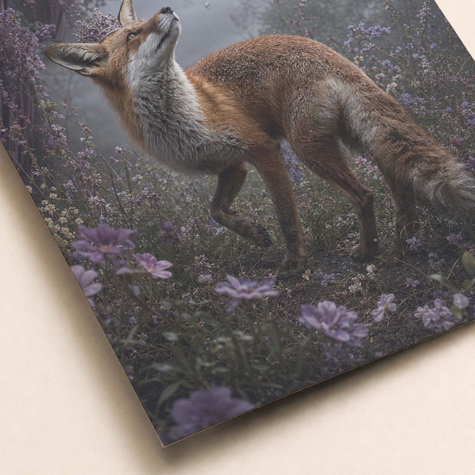 Détail du renard couronné et des fleurs violettes