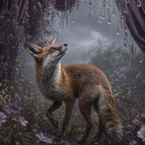 Affiche représentant Un renard au port noble se tient au cœur d’un décor floral sombre, sous des drapés profonds et des reflets délicats. L’ensemble crée une scène poétique, presque onirique, qui attire le regard sans en faire trop