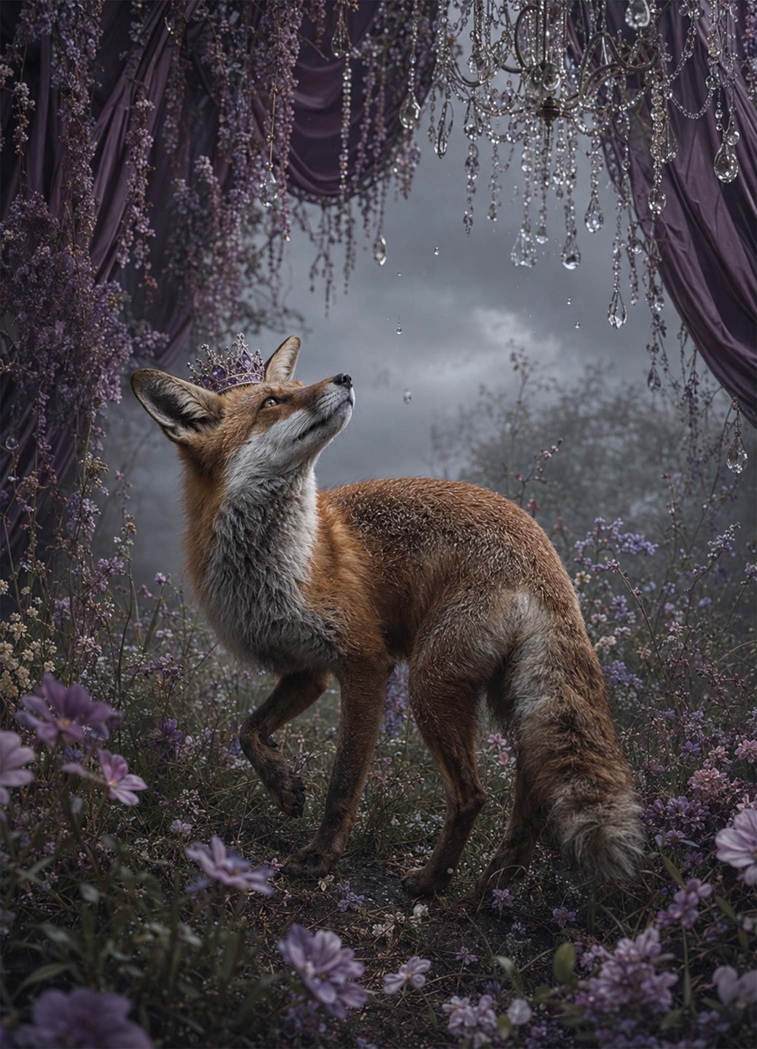 Affiche représentant Un renard au port noble se tient au cœur d’un décor floral sombre, sous des drapés profonds et des reflets délicats. L’ensemble crée une scène poétique, presque onirique, qui attire le regard sans en faire trop