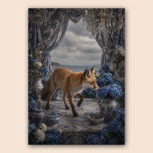 Affiche renard entouré de fleurs bleues et de céramiques