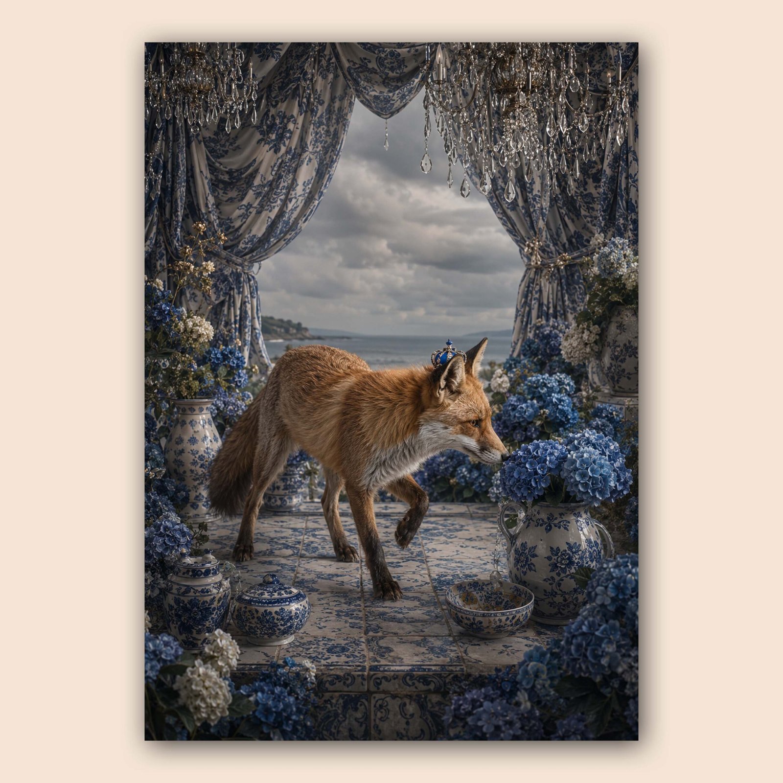 Affiche renard entouré de fleurs bleues et de céramiques