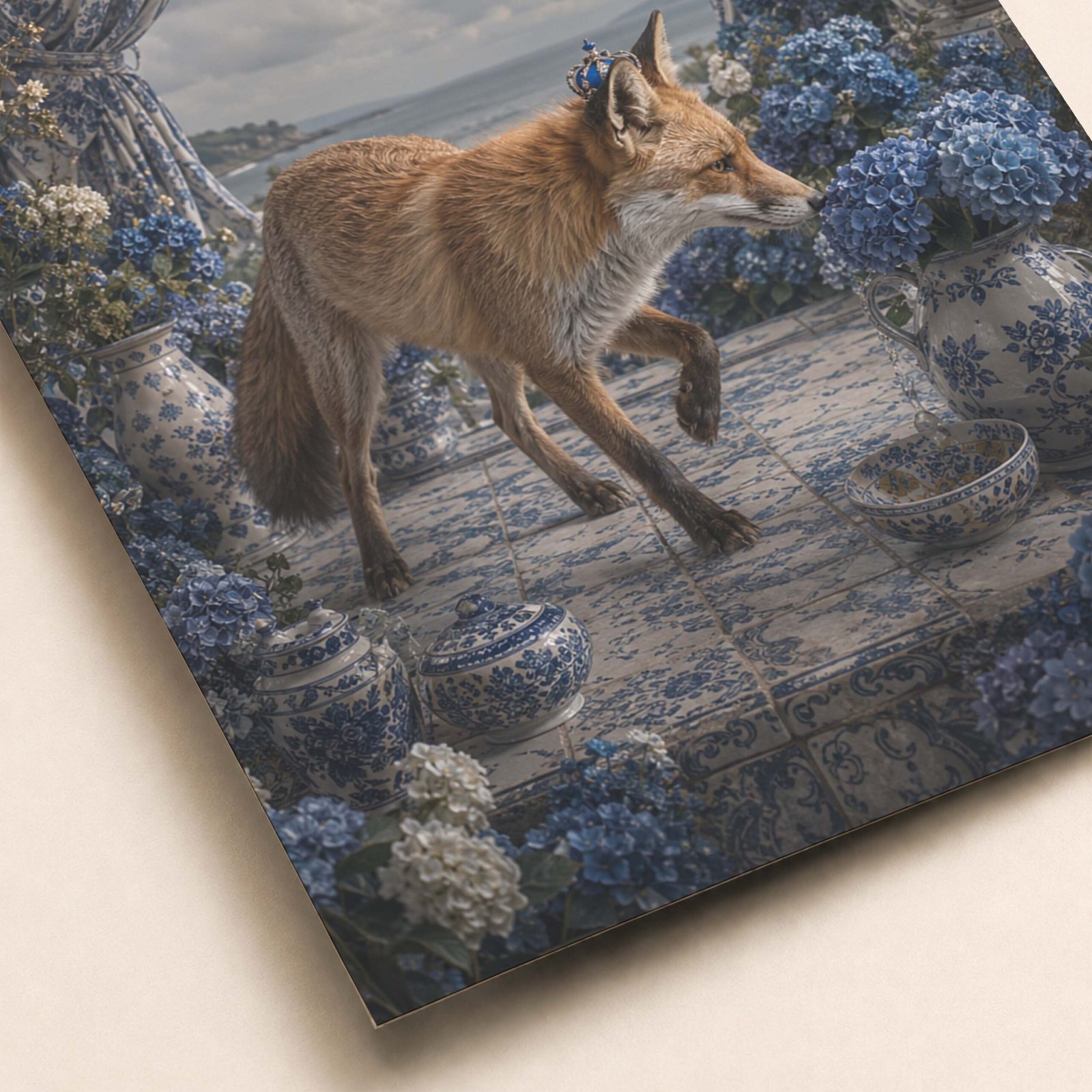 Détail du renard et des fleurs bleues sur l'affiche