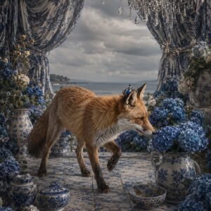 Affiche représentant Un renard traverse une scène délicate, entouré de fleurs bleues et de céramiques décoratives. L’ensemble crée une image à la fois douce, singulière et très décorative