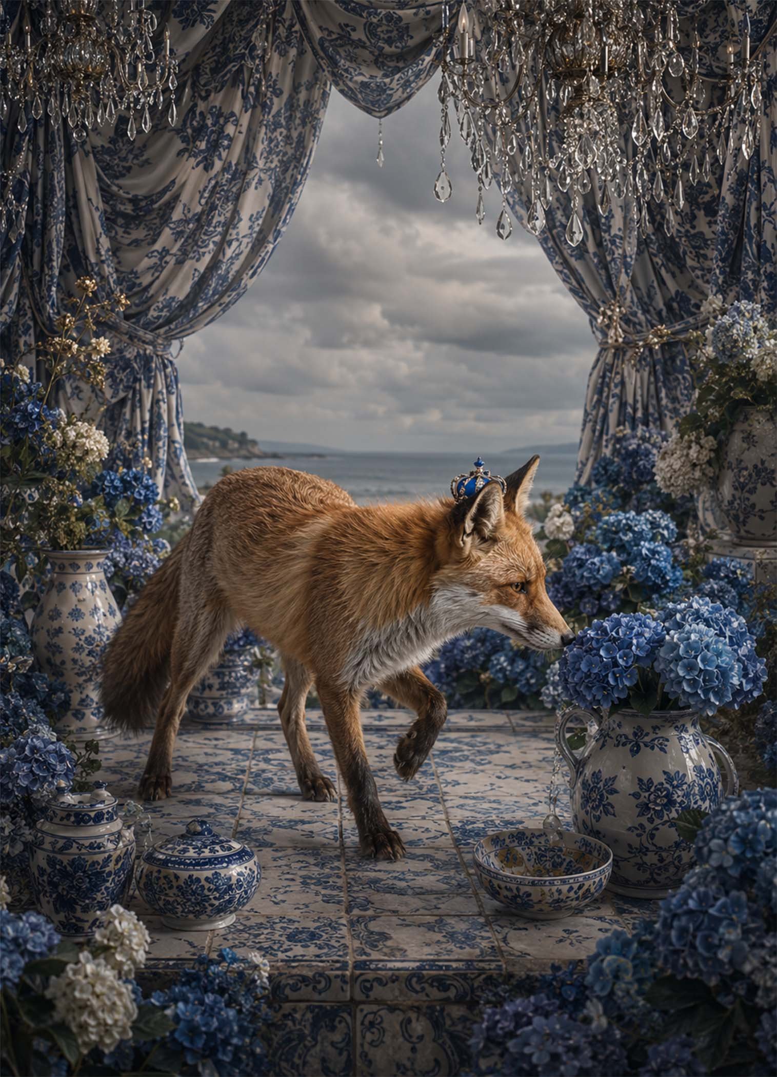 Affiche représentant Un renard traverse une scène délicate, entouré de fleurs bleues et de céramiques décoratives. L’ensemble crée une image à la fois douce, singulière et très décorative