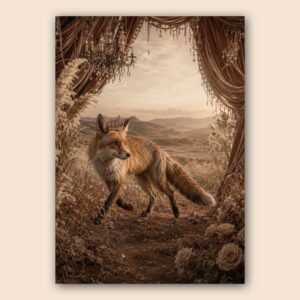 Affiche d’un renard couronné dans une ambiance douce et élégante