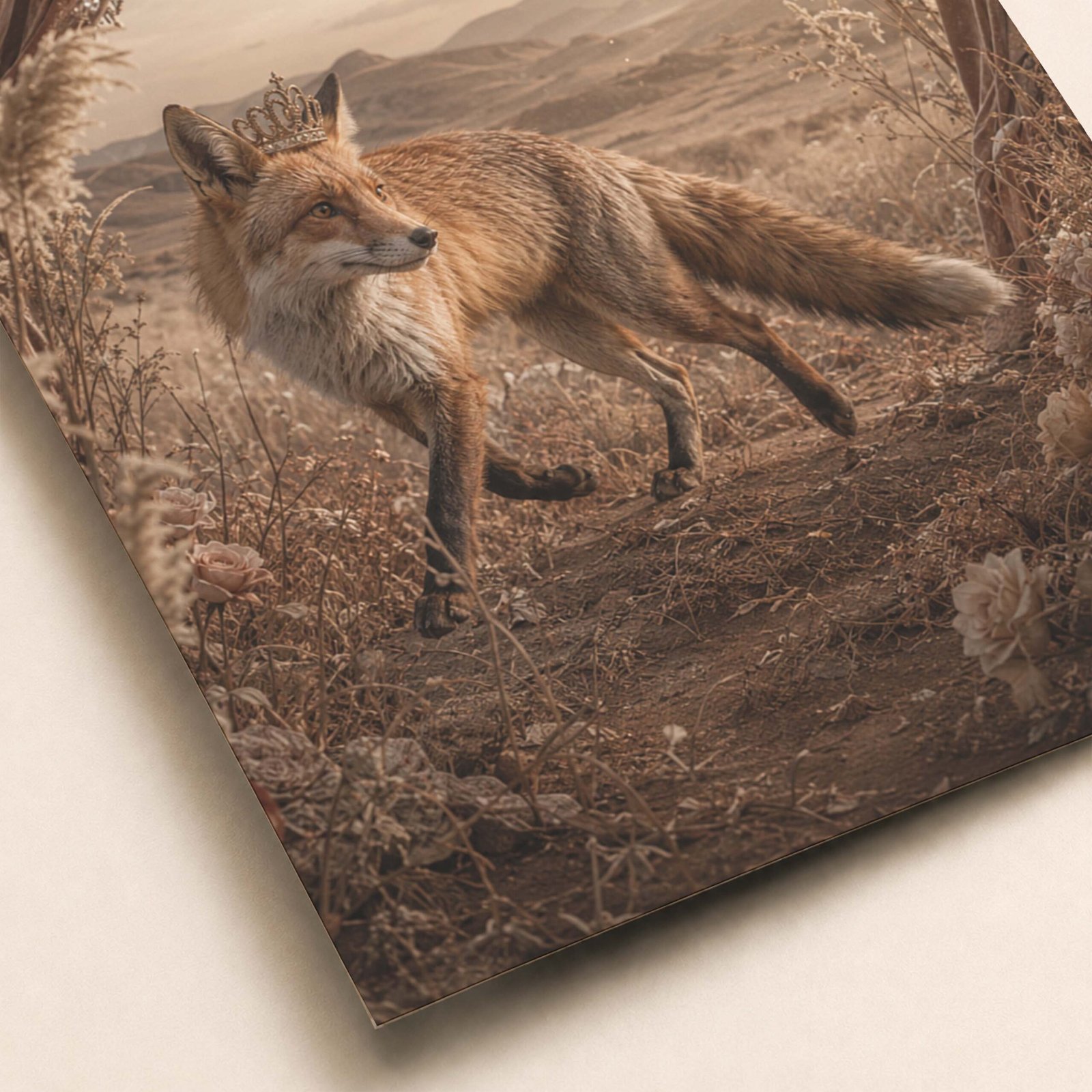 Détail du renard couronné et des tons chauds de l’affiche