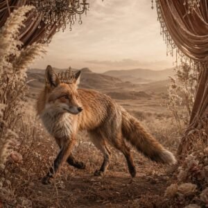 Affiche représentant un renard au port noble, couronné et entouré d’un décor délicat aux accents romantiques. L’ensemble crée une image à la fois douce et mystérieuse, avec une vraie présence décorative