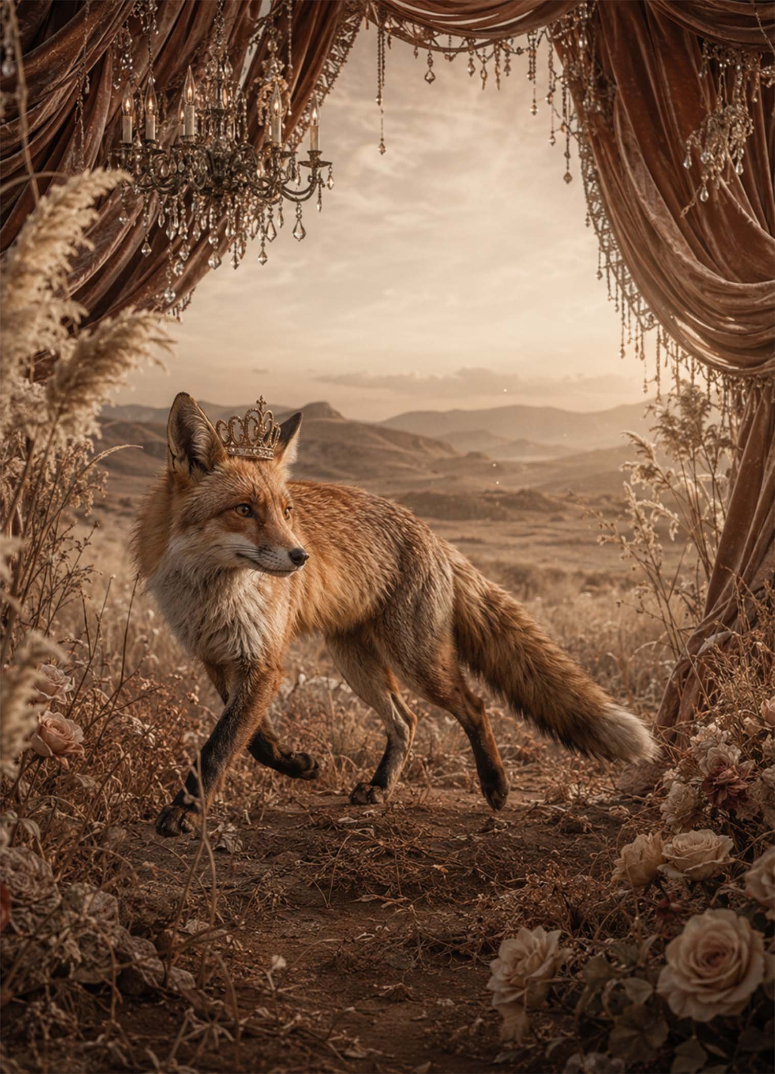 Affiche représentant un renard au port noble, couronné et entouré d’un décor délicat aux accents romantiques. L’ensemble crée une image à la fois douce et mystérieuse, avec une vraie présence décorative