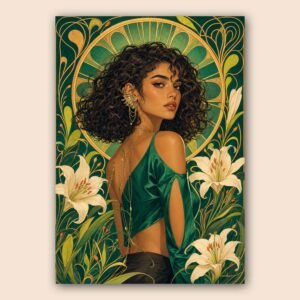 Affiche portrait féminin floral vert et doré