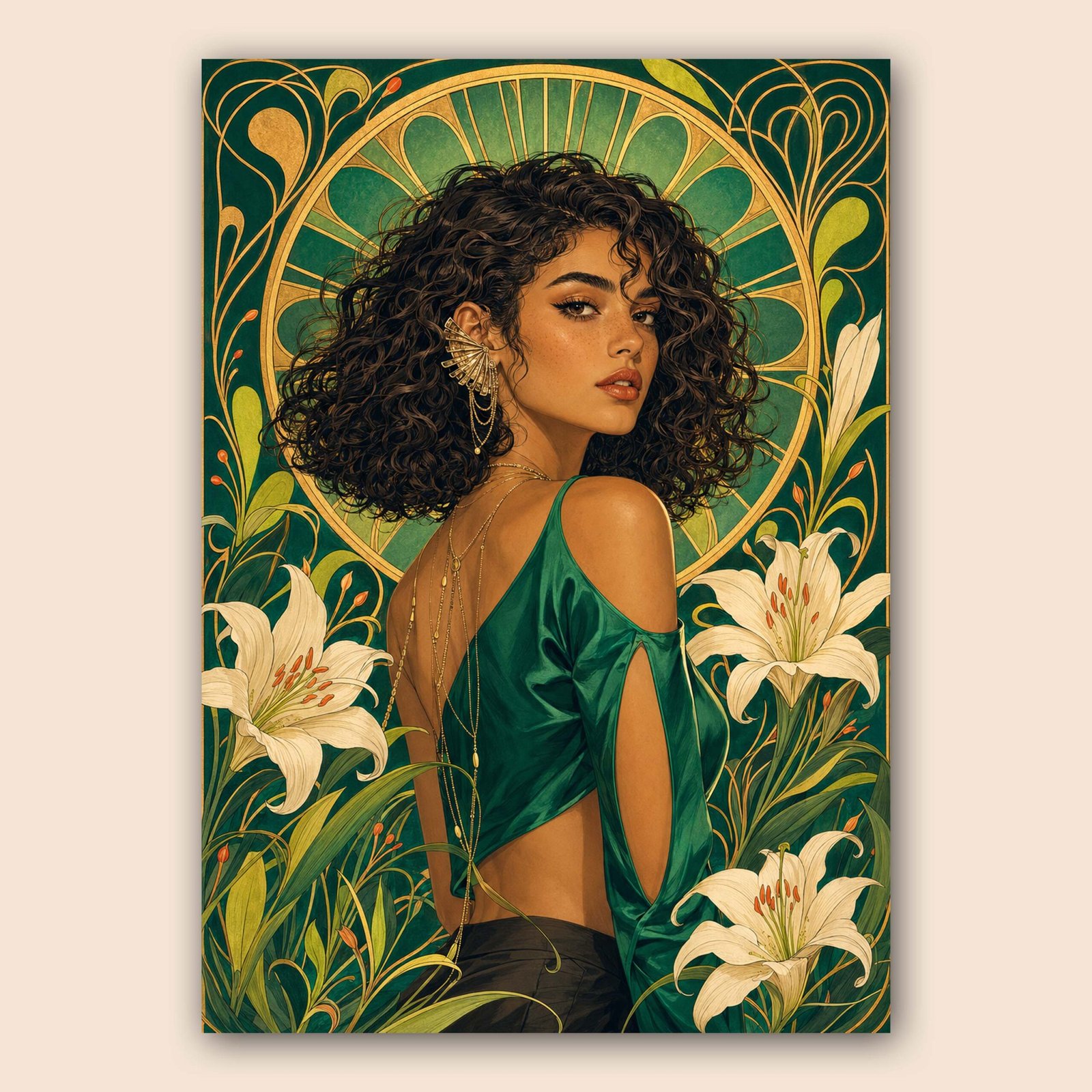 Affiche portrait féminin floral vert et doré