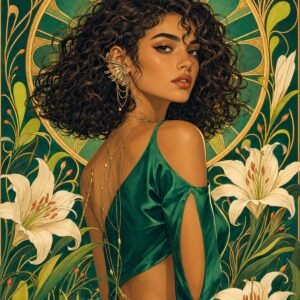 Affiche représentant une composition autour de portrait floral vert émeraude