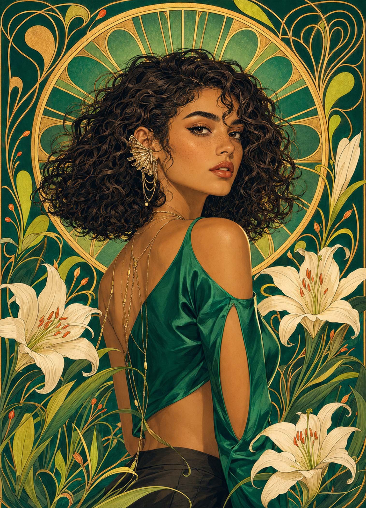 Affiche représentant une composition autour de portrait floral vert émeraude