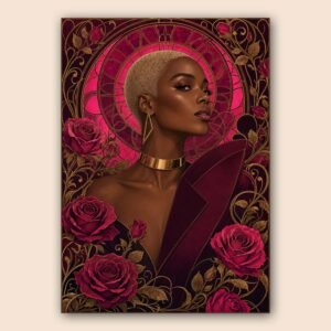 Illustration glamour d'un portrait féminin avec roses et ornements dorés