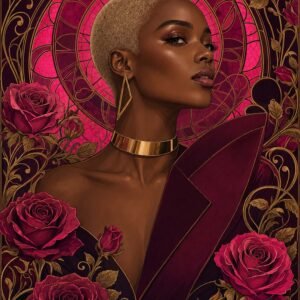 Affiche représentant une composition autour de portrait floral fuchsia