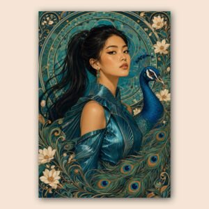 Affiche décorative avec femme et paon bleu sur fond ornemental