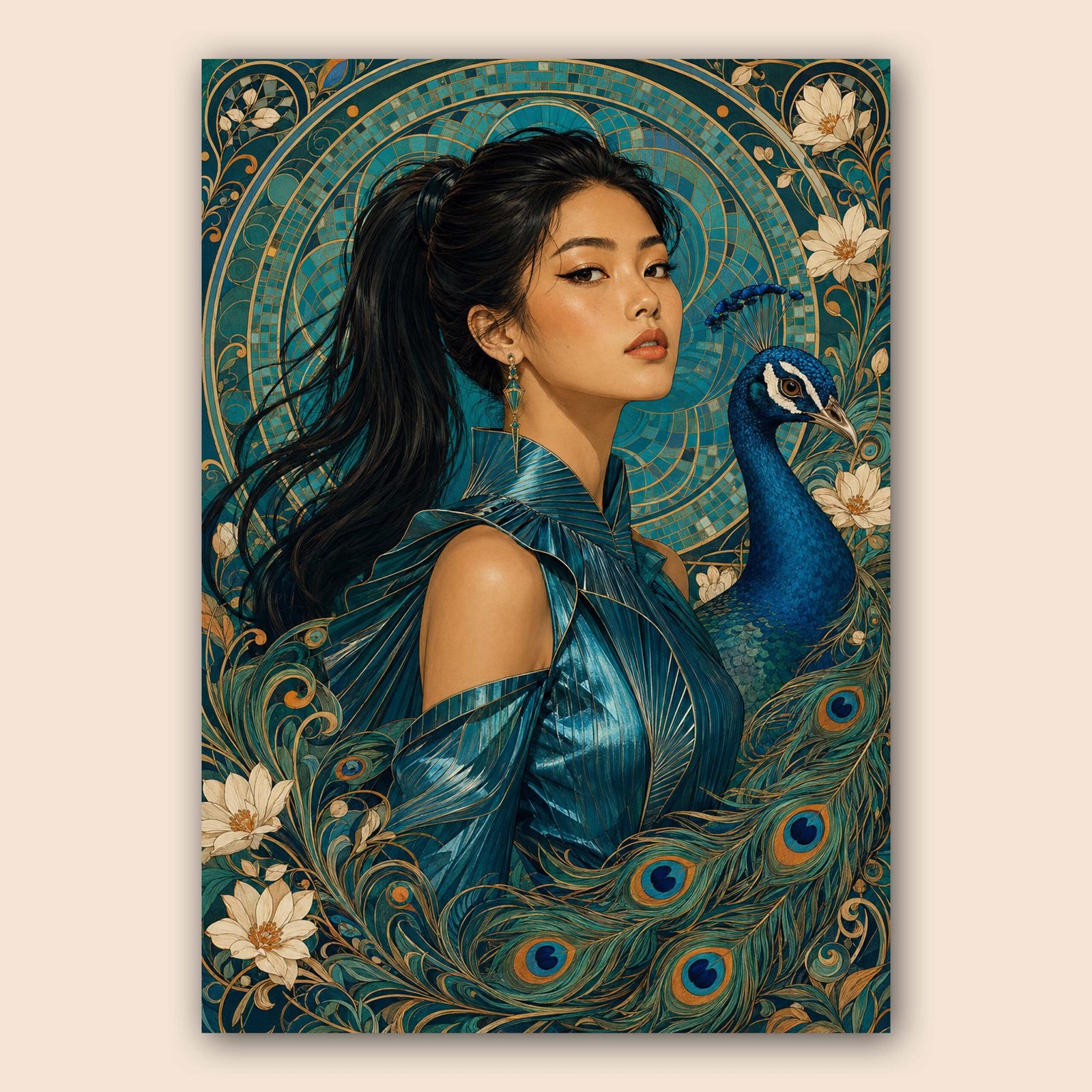 Affiche décorative avec femme et paon bleu sur fond ornemental