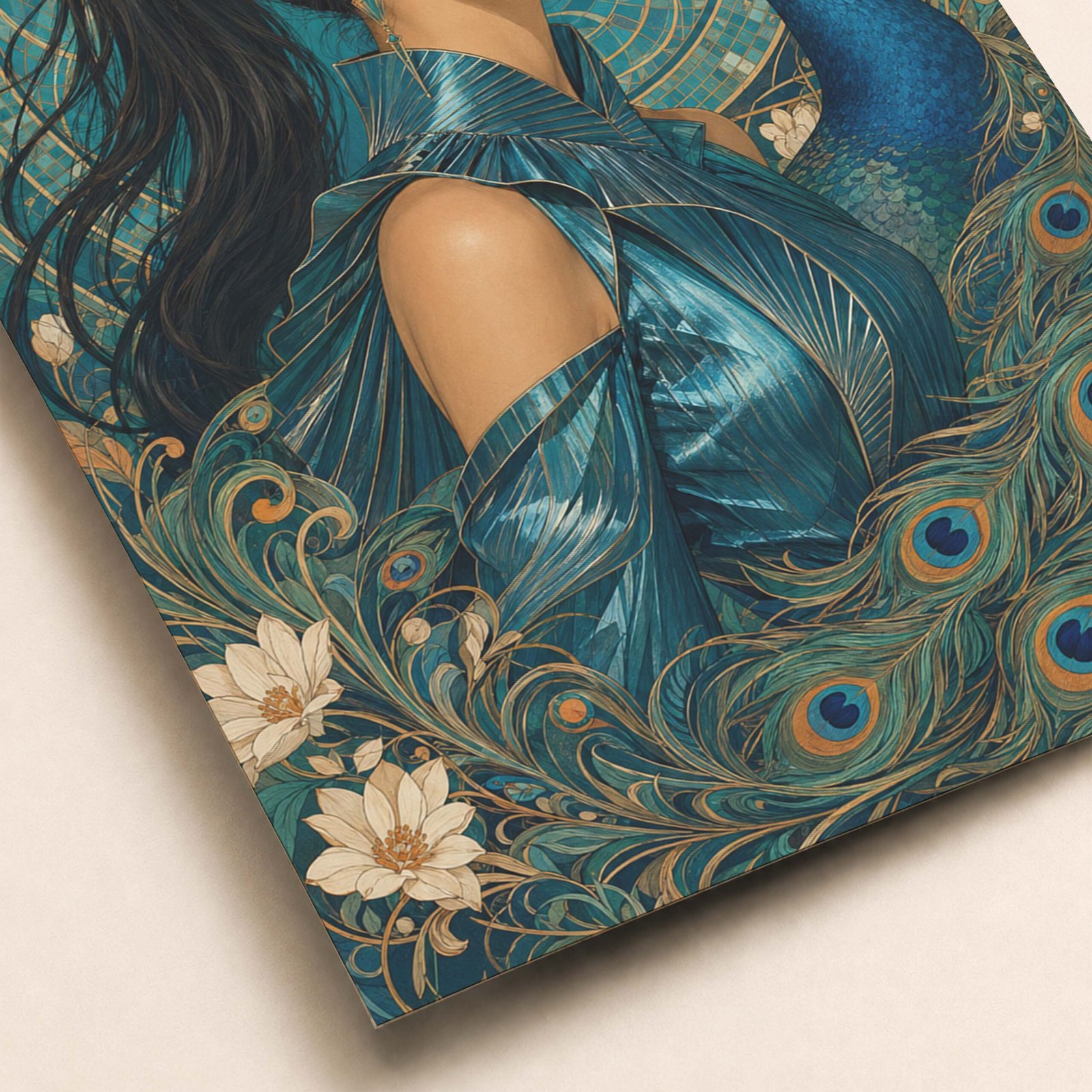 Détail du portrait féminin et du paon bleu avec motifs décoratifs