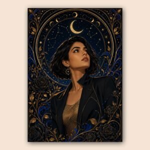 Illustration d'un portrait feminin elegant avec lune et fleurs dorées
