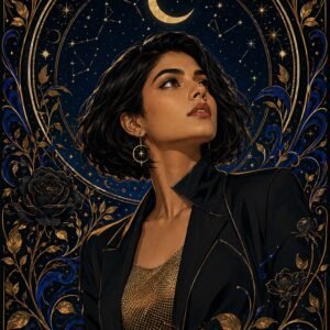 Affiche représentant un portrait féminin intense, baigné d'une lumière lunaire et entouré de motifs floraux délicats. Le fond bleu nuit et les détails dorés créent un contraste élégant, à la fois profond et lumineux