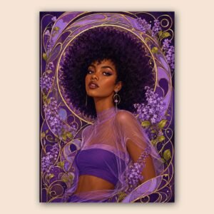 Portrait féminin avec fleurs violettes et détails dorés