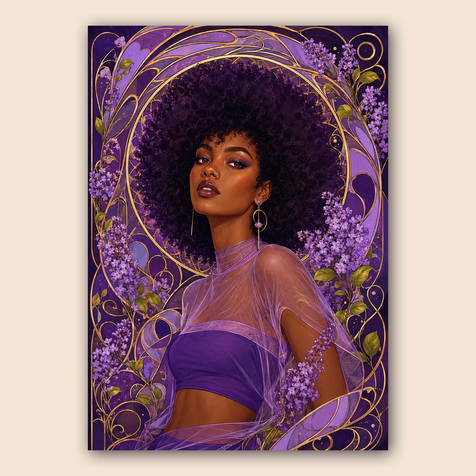Portrait féminin avec fleurs violettes et détails dorés