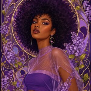 Affiche représentant un portrait féminin fort et élégant, porté par une palette de violets profonds, de lilas délicats et de reflets dorés. Les fleurs et les arabesques qui l’entourent créent une composition riche, presque précieuse, qui attire le regard sans alourdir la pièce