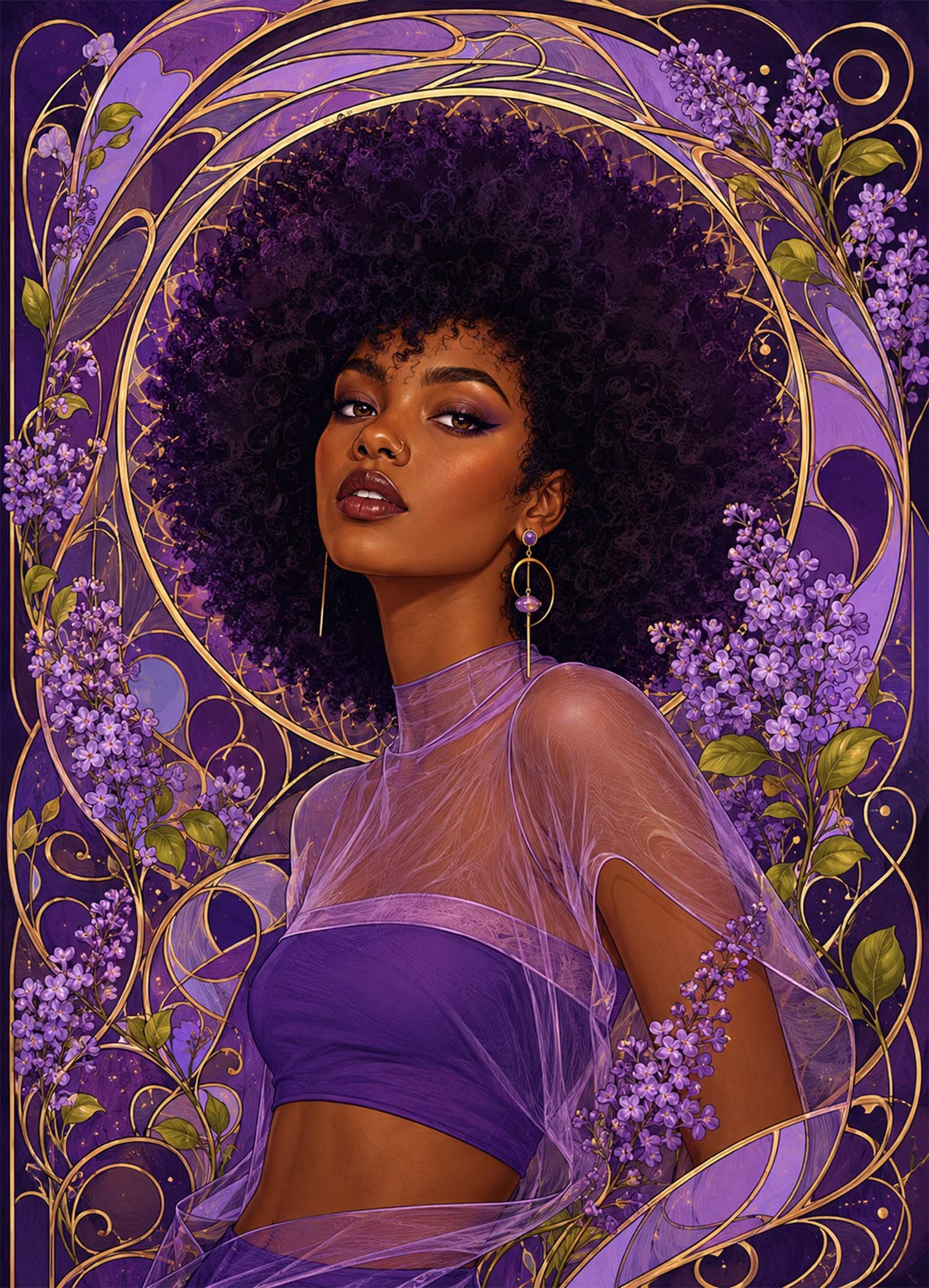 Affiche représentant un portrait féminin fort et élégant, porté par une palette de violets profonds, de lilas délicats et de reflets dorés. Les fleurs et les arabesques qui l’entourent créent une composition riche, presque précieuse, qui attire le regard sans alourdir la pièce