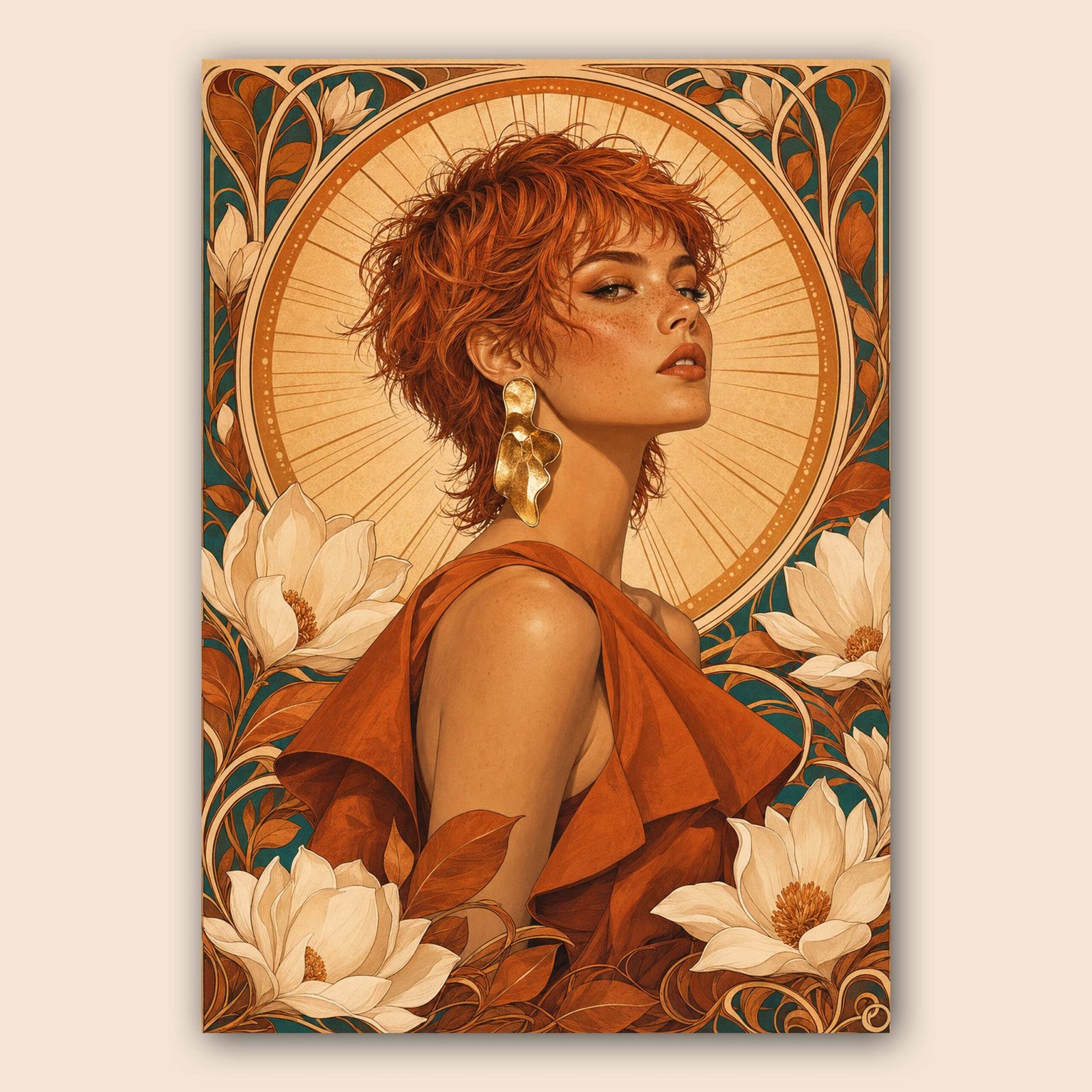 Affiche murale avec portrait féminin, fleurs crème et fond vert profond