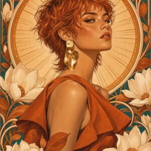 Affiche représentant un portrait féminin stylisé, entouré de fleurs généreuses et d’un halo solaire graphique. L’ensemble crée une composition forte, élégante et très décorative, avec un vrai charme rétro